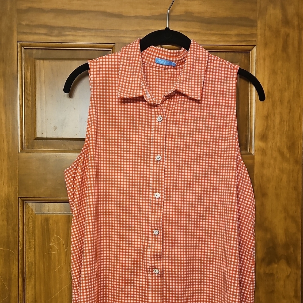 J.McLaughlin Melly Coral and White Gingham Check Sleeveless Top, XL